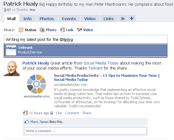 Tagging a person or page in your status is easy. Notice I tagged Telivant and Social Media Today in a link I posted earlier too Facebook Tagging